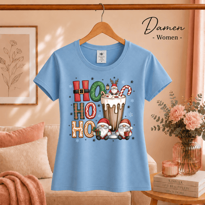 Ho Ho Ho T-Shirt mit niedlichen Weihnachtswichteln und heißer Schokolade - StyleOne