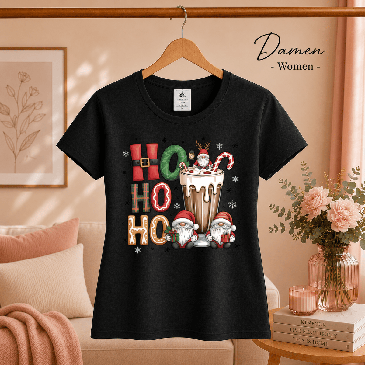 Ho Ho Ho T-Shirt mit niedlichen Weihnachtswichteln und heißer Schokolade - StyleOne