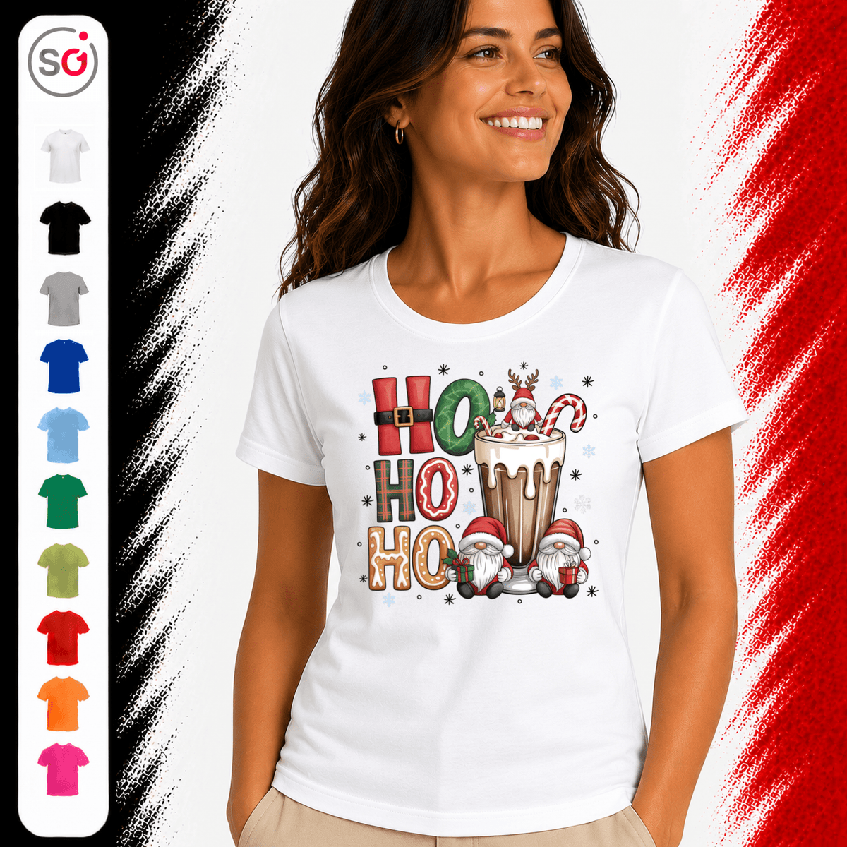 Ho Ho Ho T-Shirt mit niedlichen Weihnachtswichteln und heißer Schokolade - StyleOne