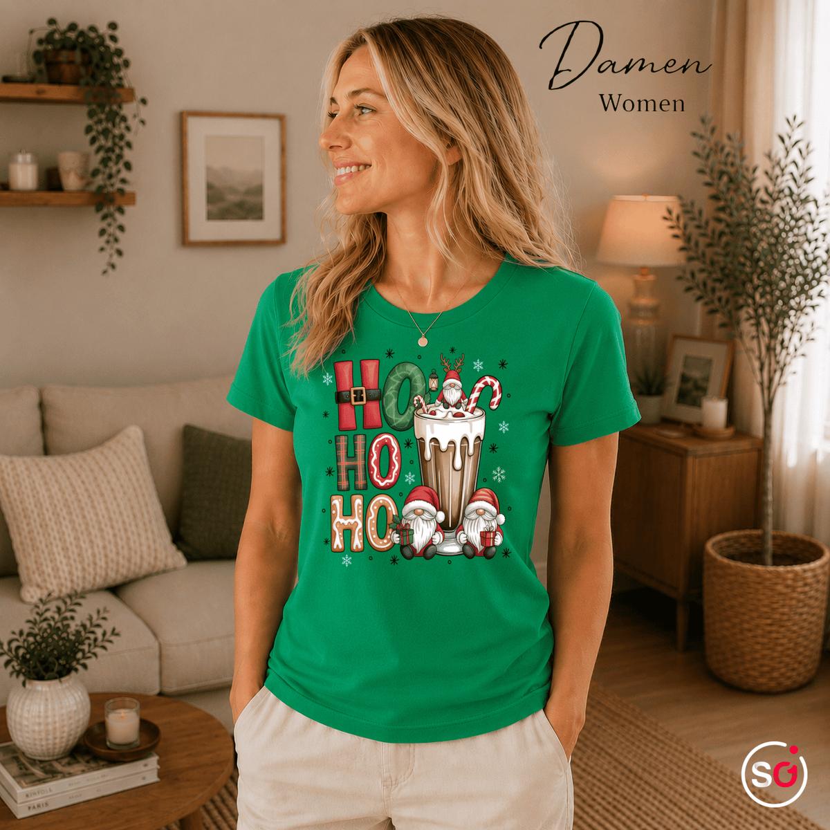 Ho Ho Ho T-Shirt mit niedlichen Weihnachtswichteln und heißer Schokolade - StyleOne