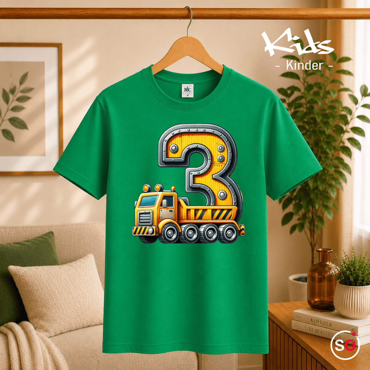 Kinder T-Shirt 3. Geburtstag mit Baustellen-LKW & Zahl Drei - StyleOne