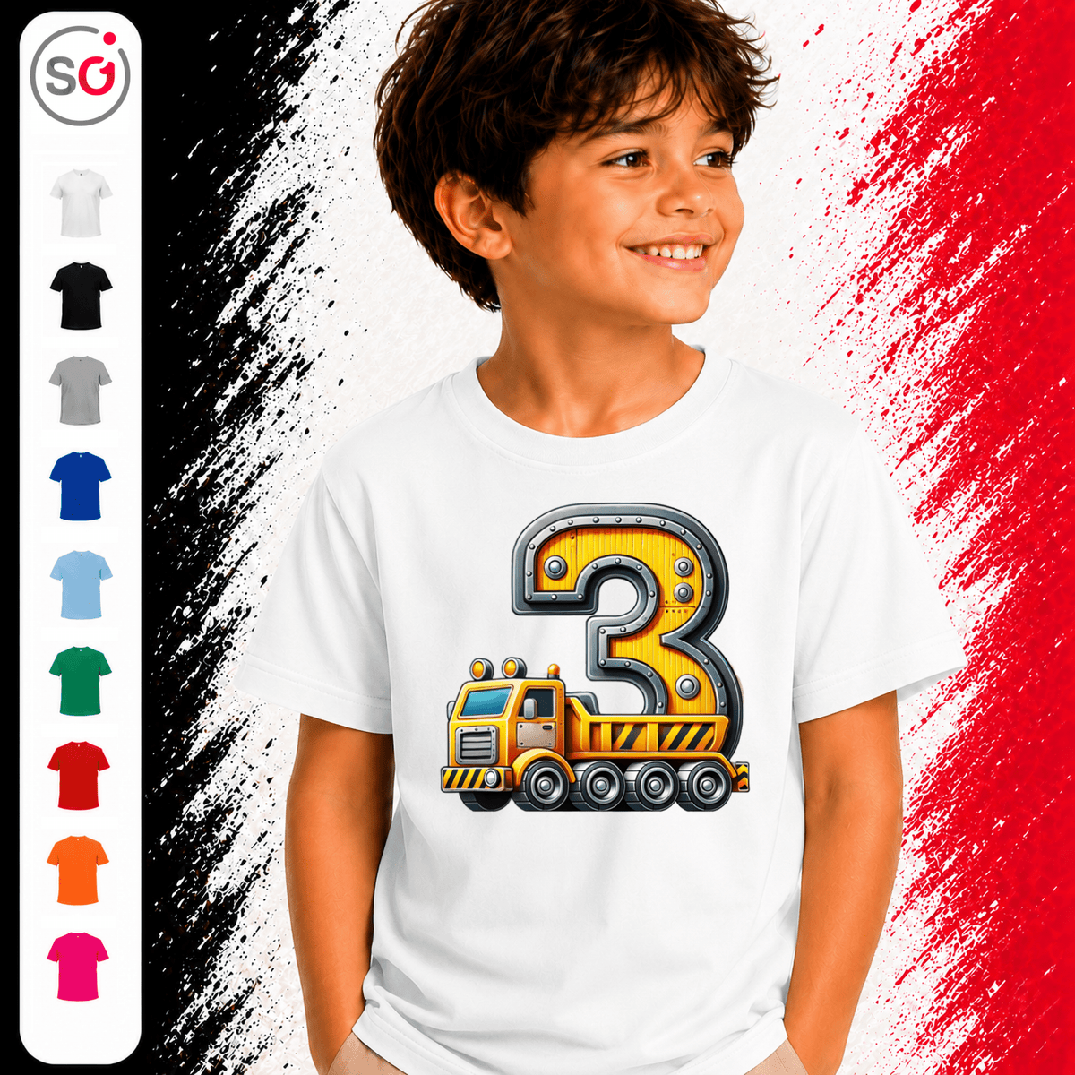 Kinder T-Shirt 3. Geburtstag mit Baustellen-LKW & Zahl Drei - StyleOne
