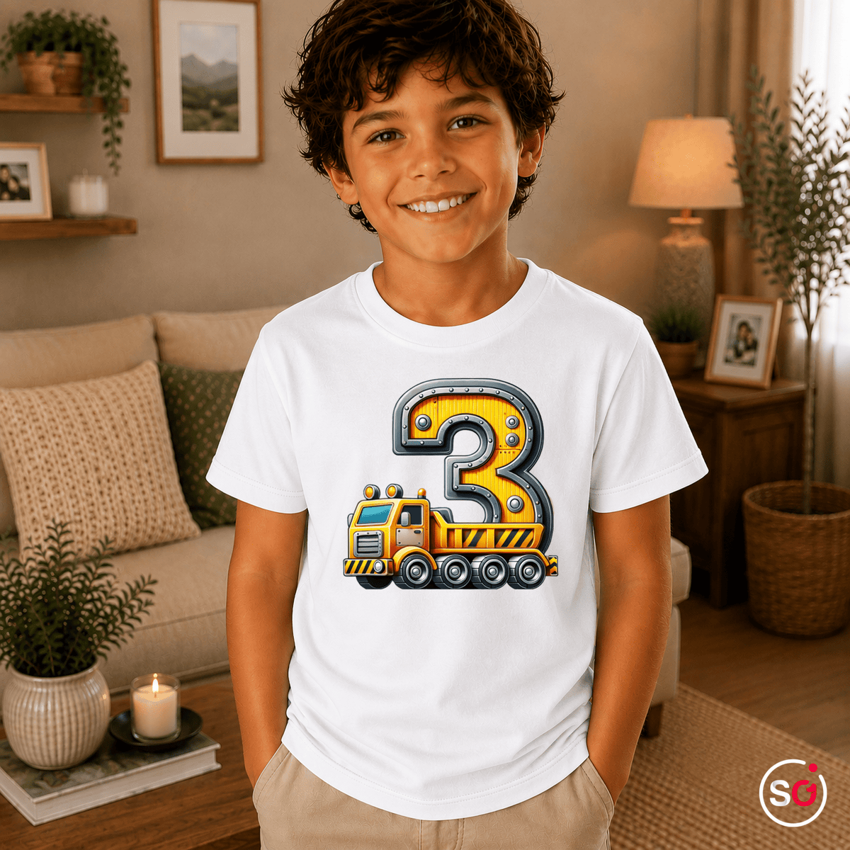 Kinder T-Shirt 3. Geburtstag mit Baustellen-LKW & Zahl Drei - StyleOne