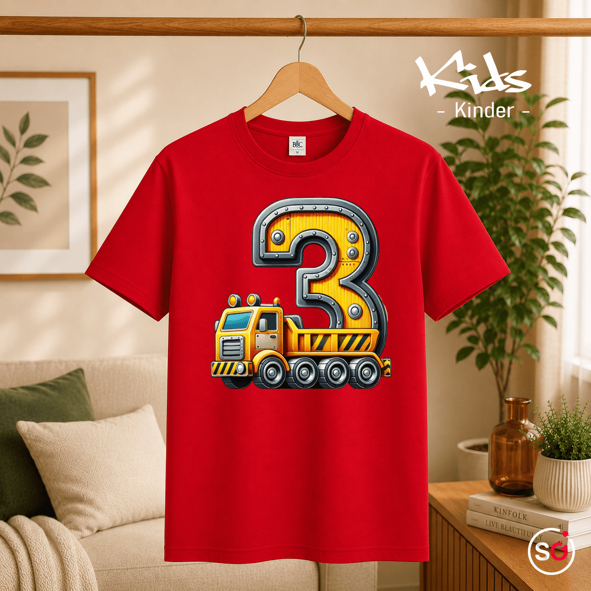 Kinder T-Shirt 3. Geburtstag mit Baustellen-LKW & Zahl Drei - StyleOne