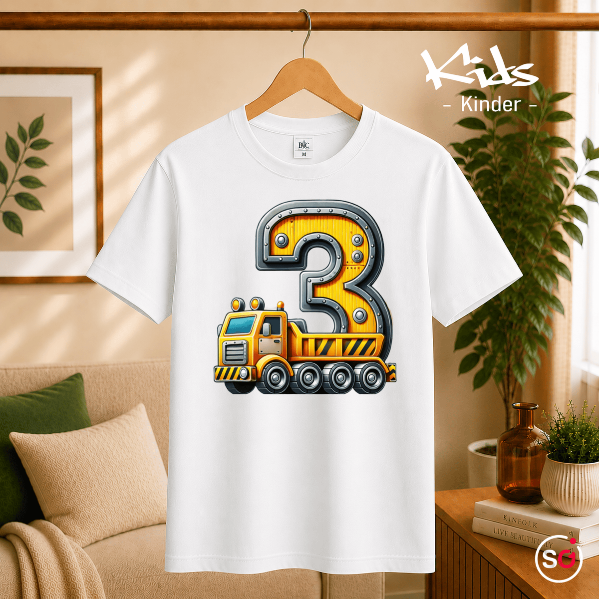 Kinder T-Shirt 3. Geburtstag mit Baustellen-LKW & Zahl Drei - StyleOne