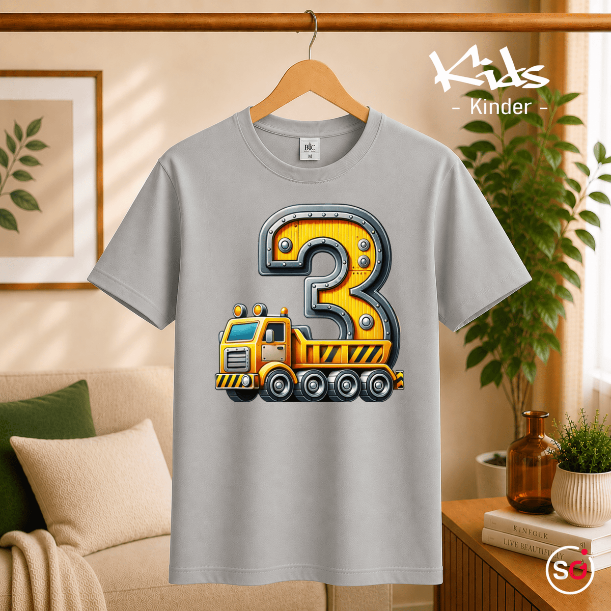 Kinder T-Shirt 3. Geburtstag mit Baustellen-LKW & Zahl Drei - StyleOne