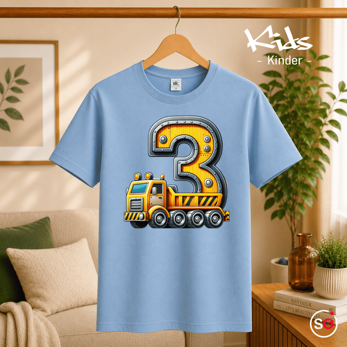 Kinder T-Shirt 3. Geburtstag mit Baustellen-LKW & Zahl Drei - StyleOne