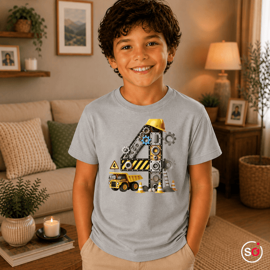 Kinder T-Shirt 4. Geburtstag | Zahl 4 als Baustelle mit Kran & Bagger - StyleOne