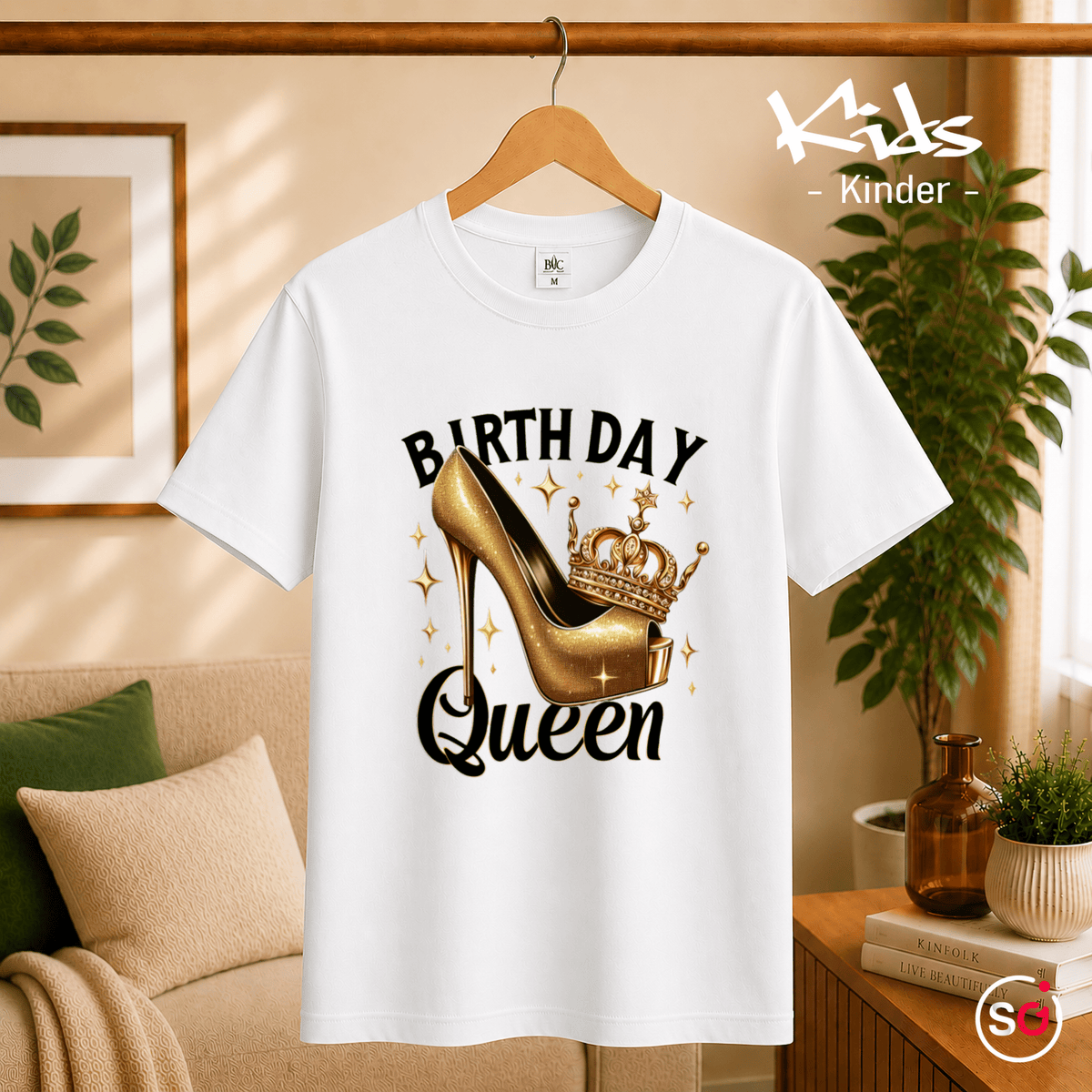 Kinder T-Shirt 'Birthday Queen' mit goldenem Glitzer-High-Heel und Krone - StyleOne
