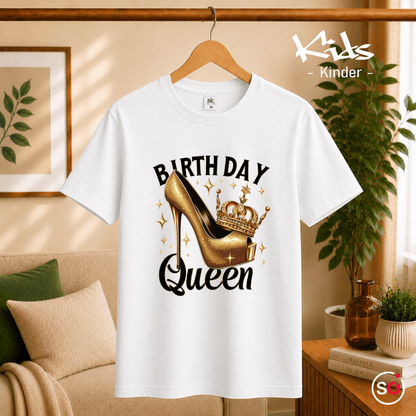 Kinder T-Shirt 'Birthday Queen' mit goldenem Glitzer-High-Heel und Krone - StyleOne