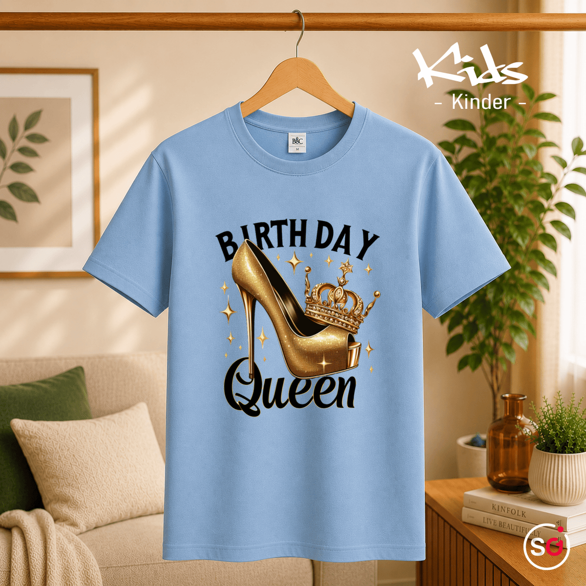Kinder T-Shirt 'Birthday Queen' mit goldenem Glitzer-High-Heel und Krone - StyleOne