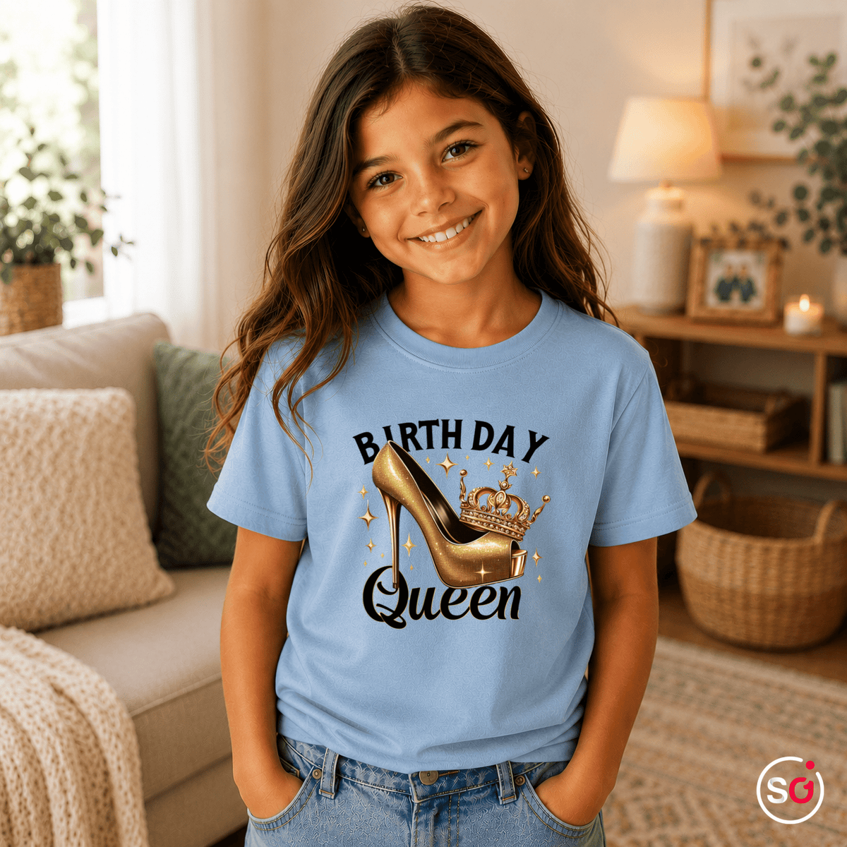 Kinder T-Shirt 'Birthday Queen' mit goldenem Glitzer-High-Heel und Krone - StyleOne