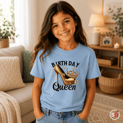 Kinder T-Shirt 'Birthday Queen' mit goldenem Glitzer-High-Heel und Krone - StyleOne