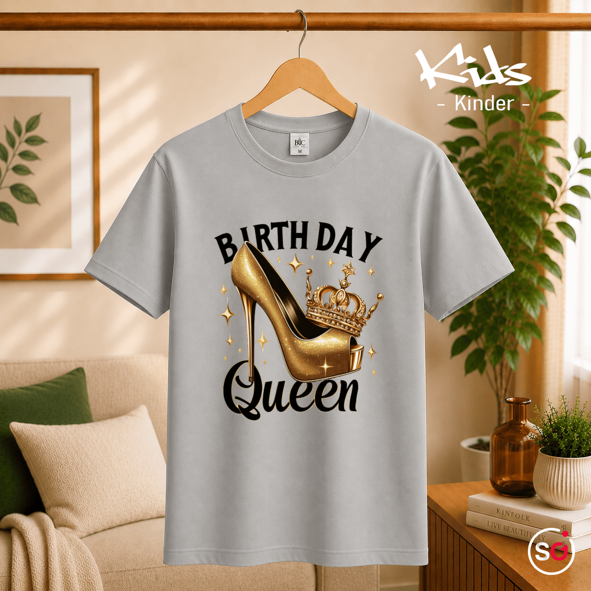 Kinder T-Shirt 'Birthday Queen' mit goldenem Glitzer-High-Heel und Krone - StyleOne