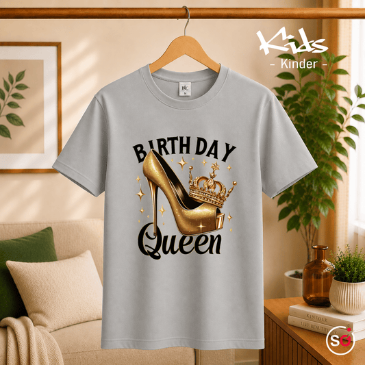 Kinder T-Shirt 'Birthday Queen' mit goldenem Glitzer-High-Heel und Krone - StyleOne