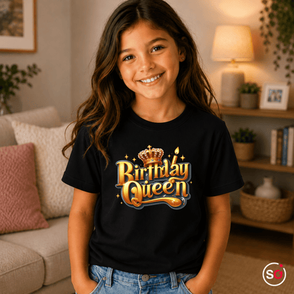 Kinder T-Shirt 'Birthday Queen' mit goldener Krone und 3D-Schriftzug - StyleOne