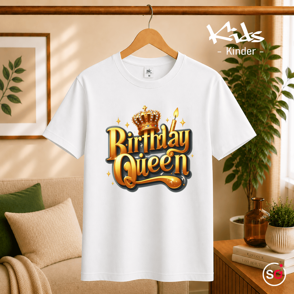 Kinder T-Shirt 'Birthday Queen' mit goldener Krone und 3D-Schriftzug - StyleOne