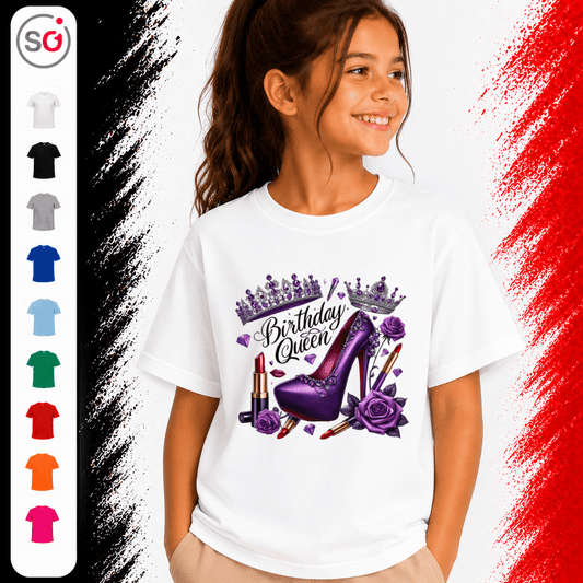 Kinder T-Shirt Birthday Queen mit lila High Heel, Krone und Glitzer-Design - StyleOne