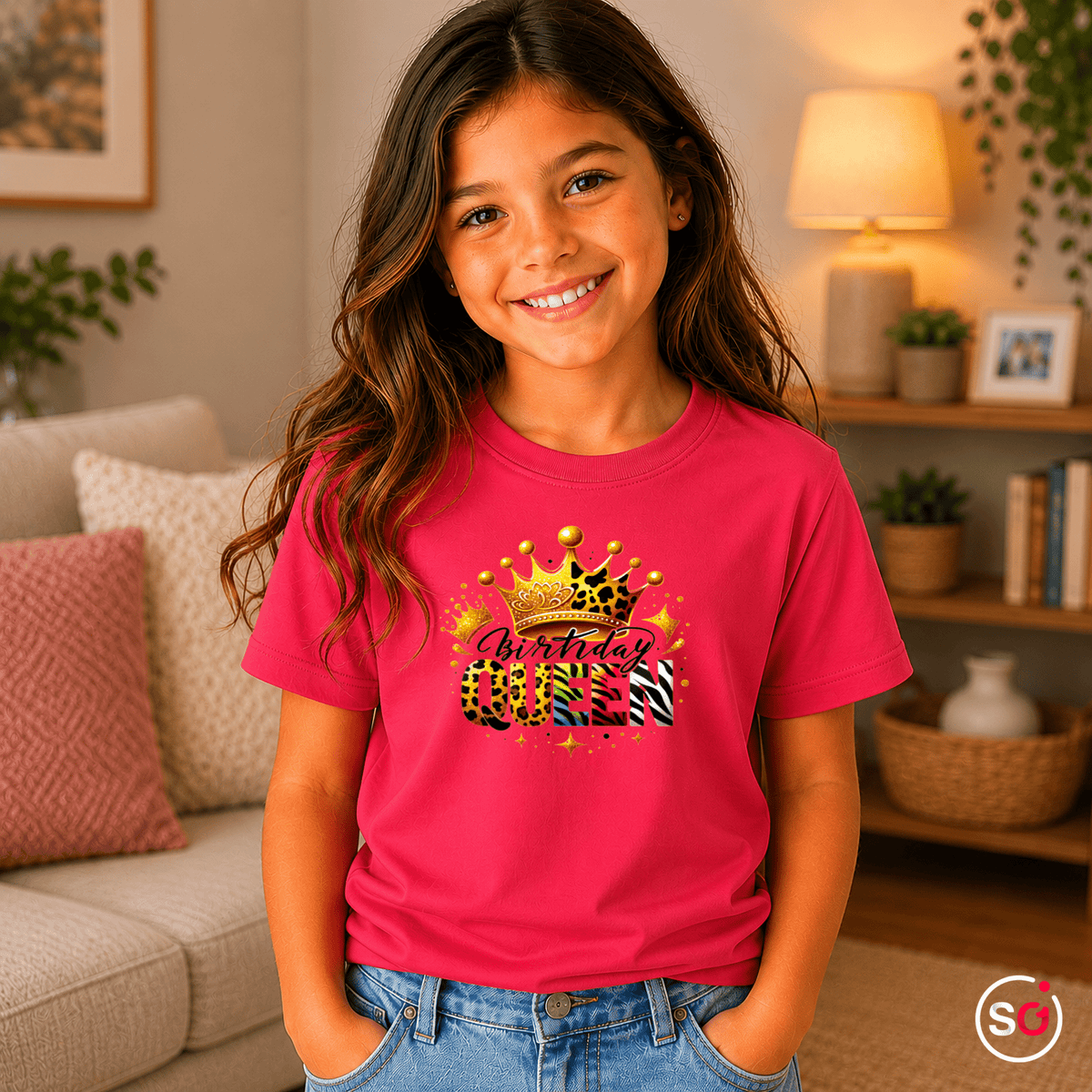Kinder T-Shirt Birthday Queen | Tiermuster Krone & Glitzer-Design für den Geburtstag - StyleOne