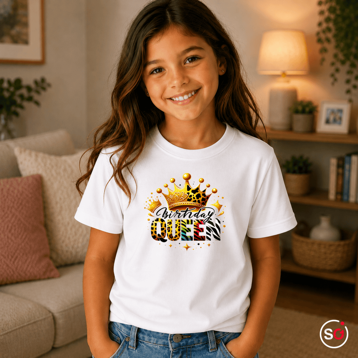 Kinder T-Shirt Birthday Queen | Tiermuster Krone & Glitzer-Design für den Geburtstag - StyleOne