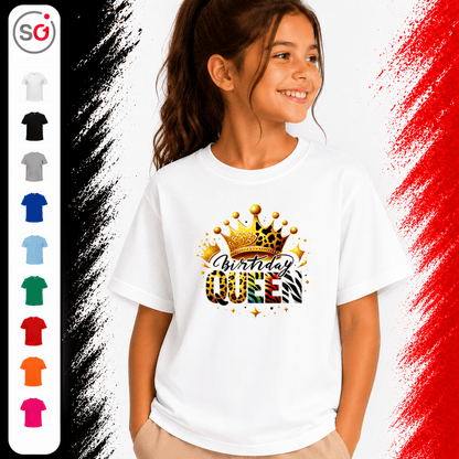 Kinder T-Shirt Birthday Queen | Tiermuster Krone & Glitzer-Design für den Geburtstag - StyleOne
