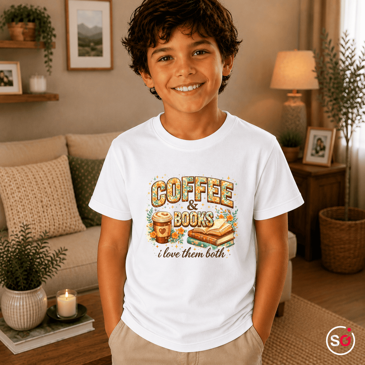 Kinder T-Shirt: 'Coffee & Books' Motiv mit Blumen – Ideal für kleine Leseratten - StyleOne