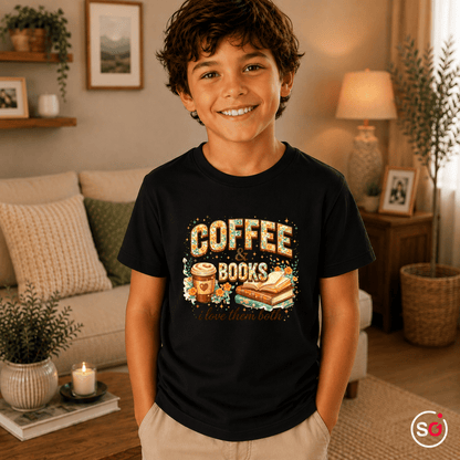 Kinder T-Shirt: 'Coffee & Books' Motiv mit Blumen – Ideal für kleine Leseratten - StyleOne