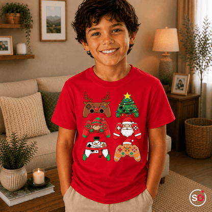 Kinder T-Shirt: Festliche Gaming Controller mit Weihnachtsfiguren – Spielspaß für kleine Gamer - StyleOne