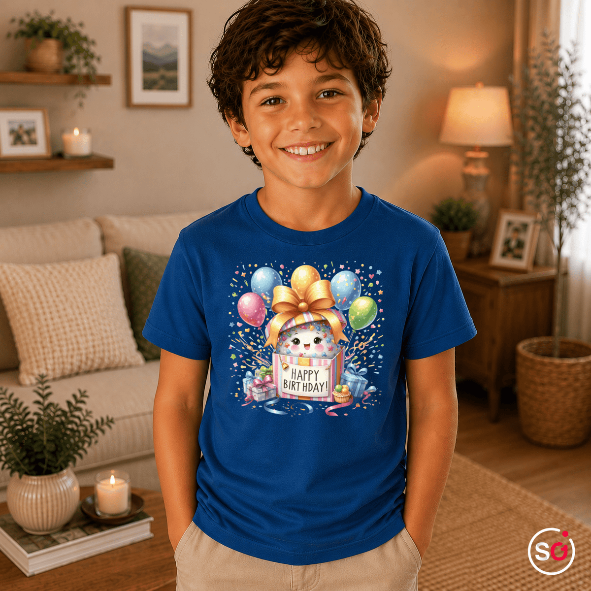 Kinder T-Shirt 'Happy Birthday' mit niedlichem Monster in Geschenkbox und bunten Ballons - StyleOne