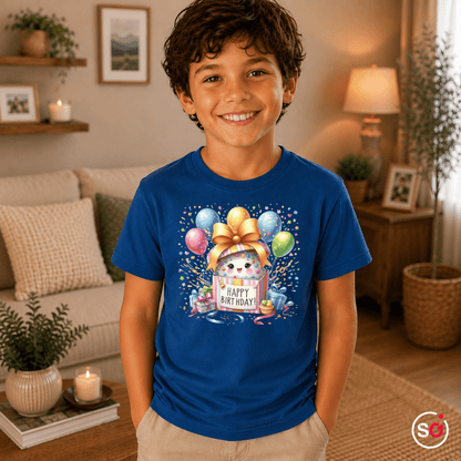 Kinder T-Shirt 'Happy Birthday' mit niedlichem Monster in Geschenkbox und bunten Ballons - StyleOne