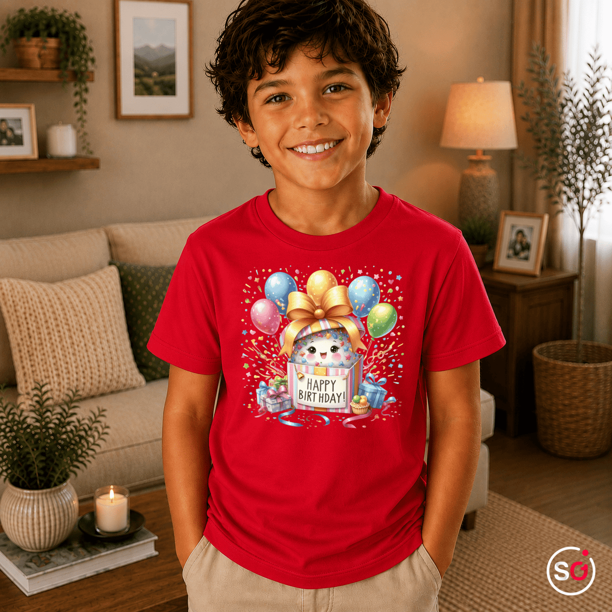 Kinder T-Shirt 'Happy Birthday' mit niedlichem Monster in Geschenkbox und bunten Ballons - StyleOne