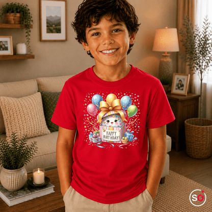 Kinder T-Shirt 'Happy Birthday' mit niedlichem Monster in Geschenkbox und bunten Ballons - StyleOne