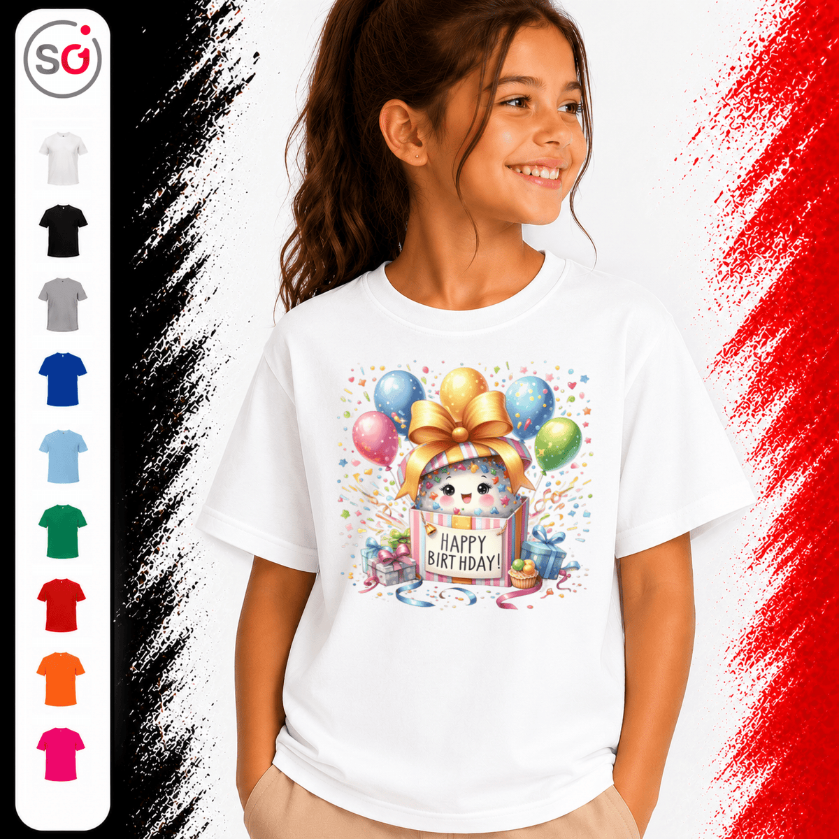 Kinder T-Shirt 'Happy Birthday' mit niedlichem Monster in Geschenkbox und bunten Ballons - StyleOne