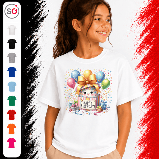 Kinder T-Shirt 'Happy Birthday' mit niedlichem Monster in Geschenkbox und bunten Ballons - StyleOne