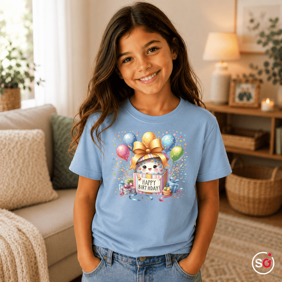 Kinder T-Shirt 'Happy Birthday' mit niedlichem Monster in Geschenkbox und bunten Ballons - StyleOne