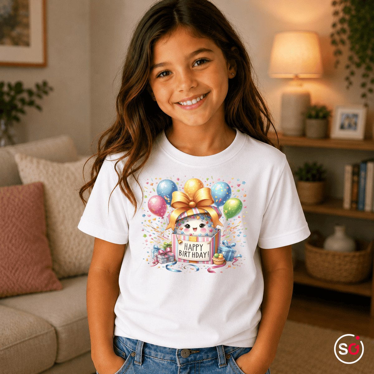 Kinder T-Shirt 'Happy Birthday' mit niedlichem Monster in Geschenkbox und bunten Ballons - StyleOne