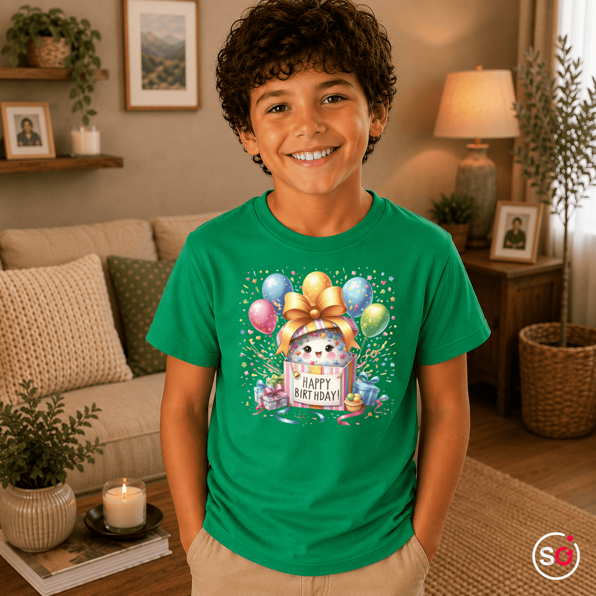 Kinder T-Shirt 'Happy Birthday' mit niedlichem Monster in Geschenkbox und bunten Ballons - StyleOne