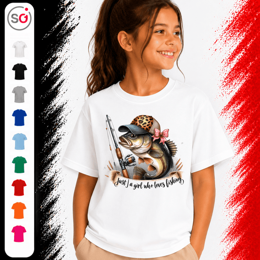 Kinder T-Shirt 'Just a girl who loves fishing' | Süßer Angler-Fisch mit Leo-Cap & Schleife - StyleOne