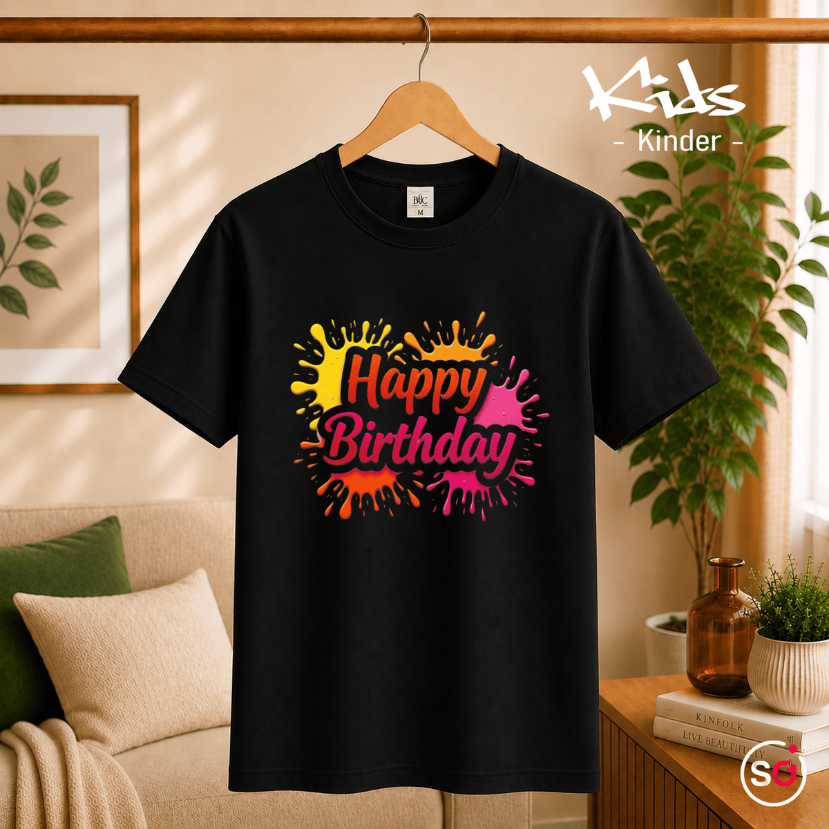 Kinder T-Shirt mit buntem "Happy Birthday" Farbklecks-Design für die Geburtstagsparty - StyleOne
