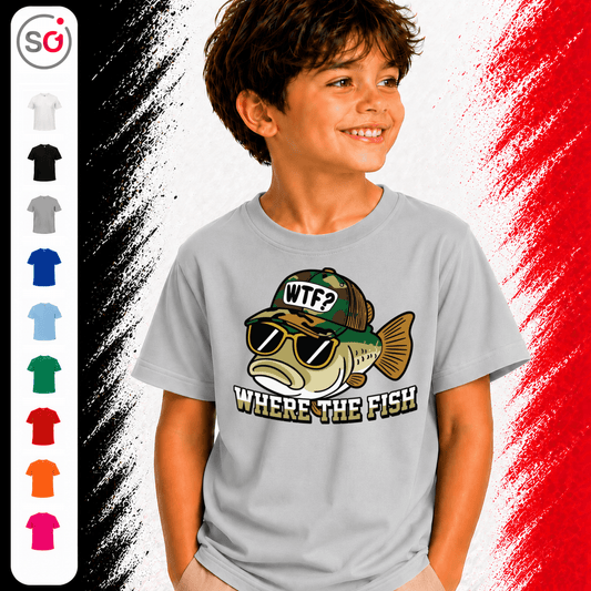 Kinder T-Shirt mit coolem Fisch-Motiv und Angler-Spruch 'WTF - Where The Fish' - StyleOne