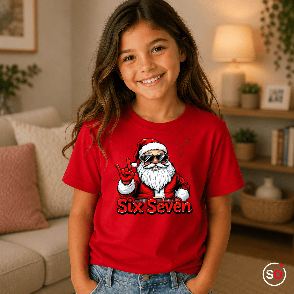 Kinder T-Shirt mit coolem Rockstar Weihnachtsmann und Spruch „Six Seven“ - StyleOne