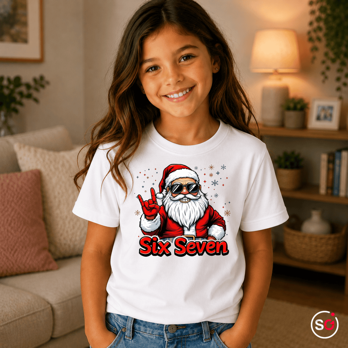 Kinder T-Shirt mit coolem Rockstar Weihnachtsmann und Spruch „Six Seven“ - StyleOne