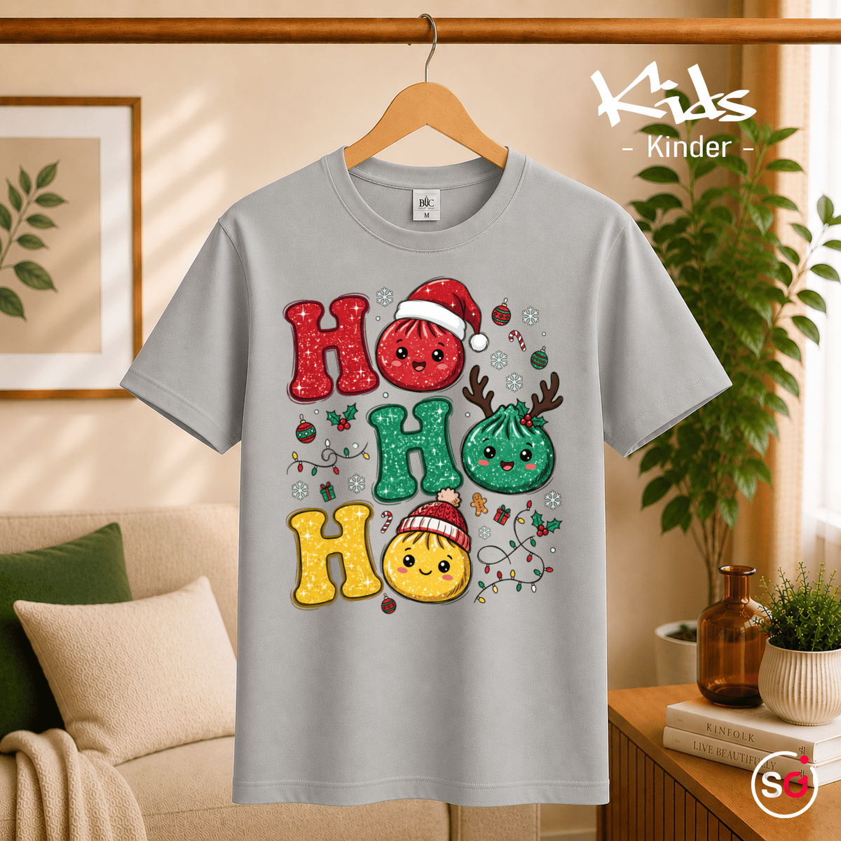 Kinder T-Shirt mit lustigen Weihnachts-Dumplings | Ho Ho Ho Glitzer-Design - StyleOne