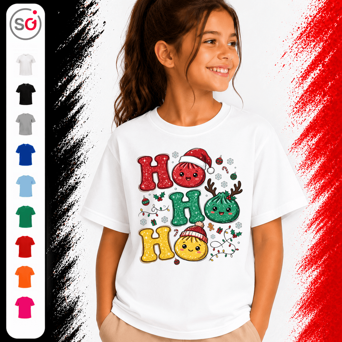 Kinder T-Shirt mit lustigen Weihnachts-Dumplings | Ho Ho Ho Glitzer-Design - StyleOne