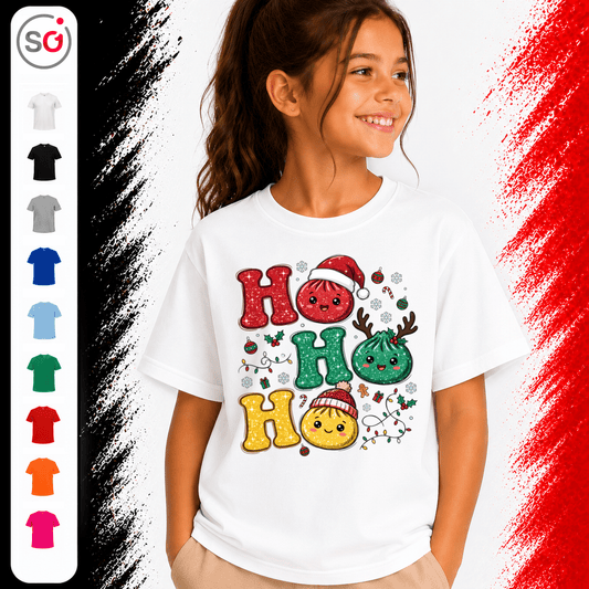 Kinder T-Shirt mit lustigen Weihnachts-Dumplings | Ho Ho Ho Glitzer-Design - StyleOne