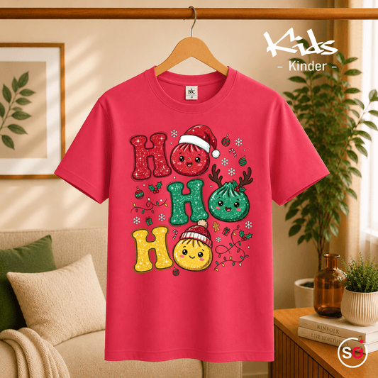 Kinder T-Shirt mit lustigen Weihnachts-Dumplings | Ho Ho Ho Glitzer-Design - StyleOne