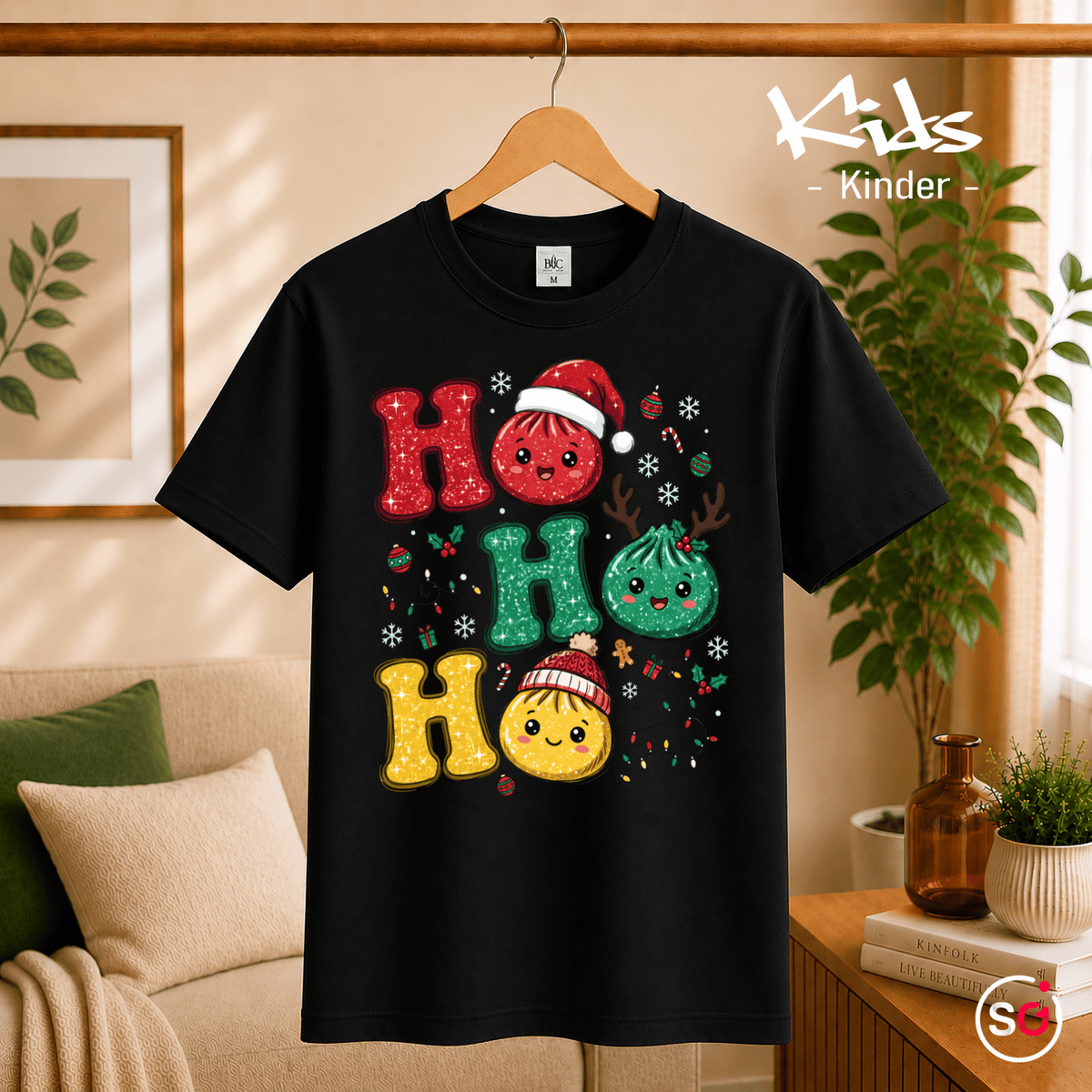 Kinder T-Shirt mit lustigen Weihnachts-Dumplings | Ho Ho Ho Glitzer-Design - StyleOne