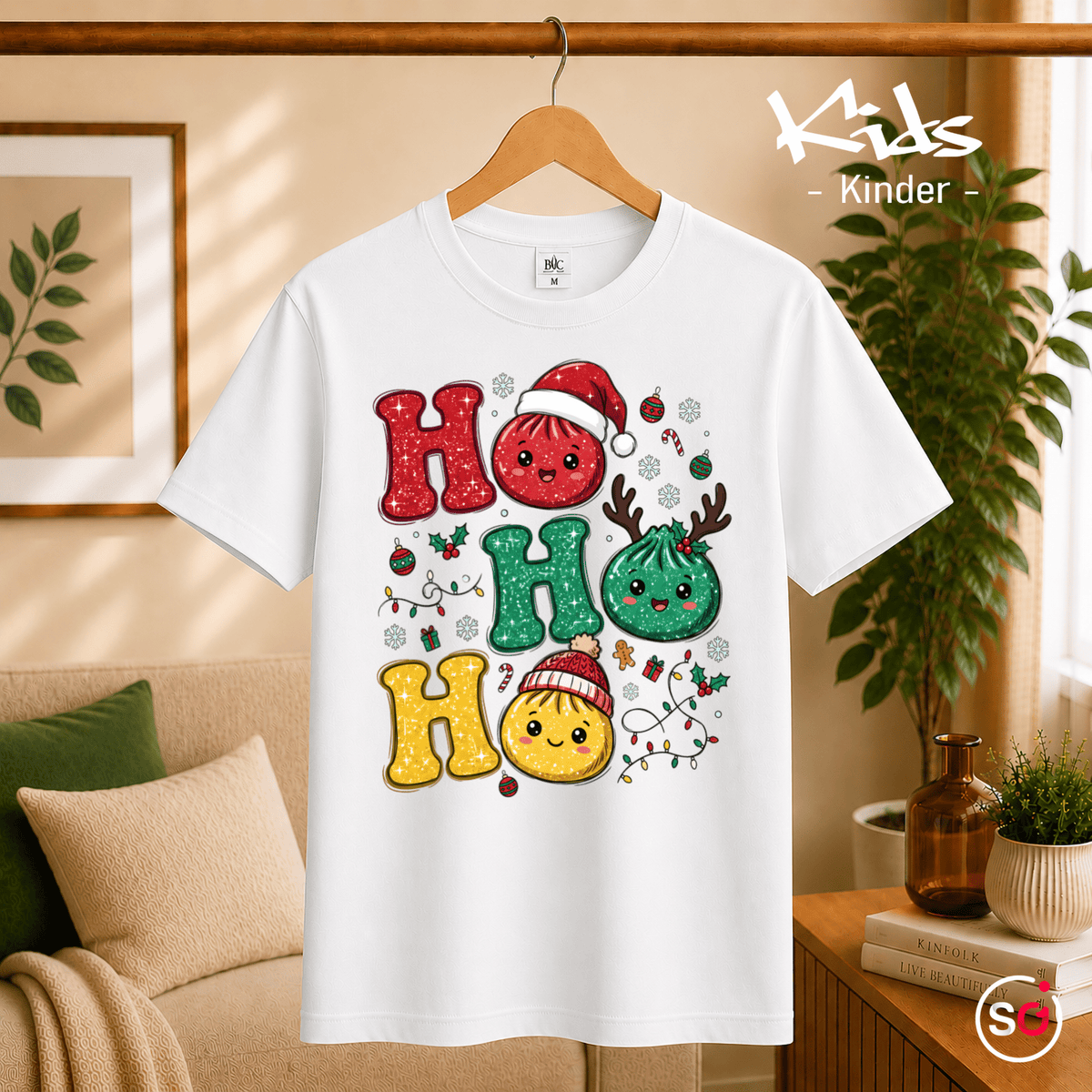 Kinder T-Shirt mit lustigen Weihnachts-Dumplings | Ho Ho Ho Glitzer-Design - StyleOne