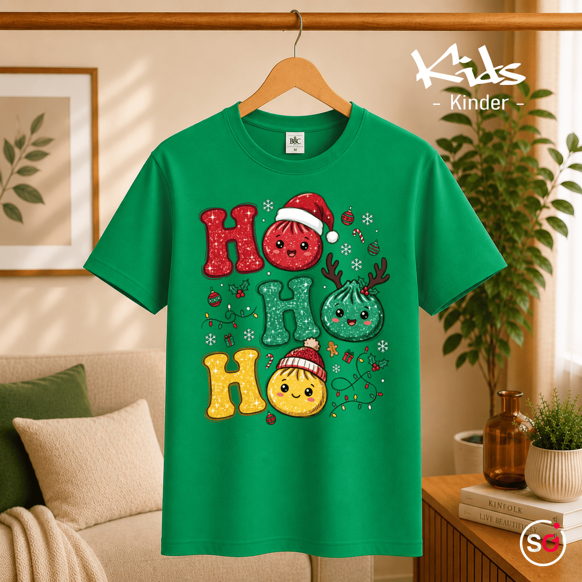 Kinder T-Shirt mit lustigen Weihnachts-Dumplings | Ho Ho Ho Glitzer-Design - StyleOne