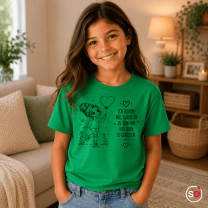Kinder T-Shirt mit positivem Spruch | Glücklich sein & das Leben genießen | Mädchen mit Herzballon - StyleOne